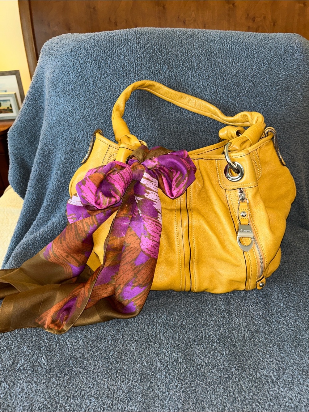 b. makowsky mustard Yellow Leather Shoulder Bag with Purple-Accent Scarf